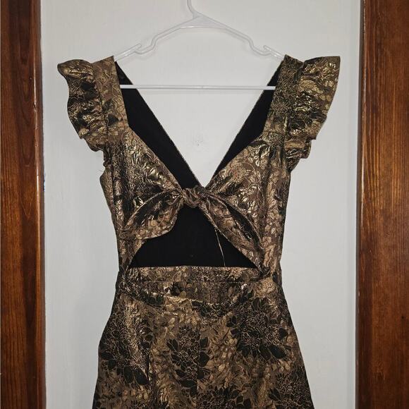 Happy x Nature Gold Floral Tie Front Jumpsuit Sleeveless V-Neck Wide Leg Sz 4 S - Picture 8 of 14